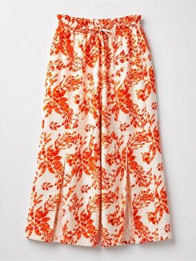En Creme Wide Leg Pants in White with Orange Floral Print